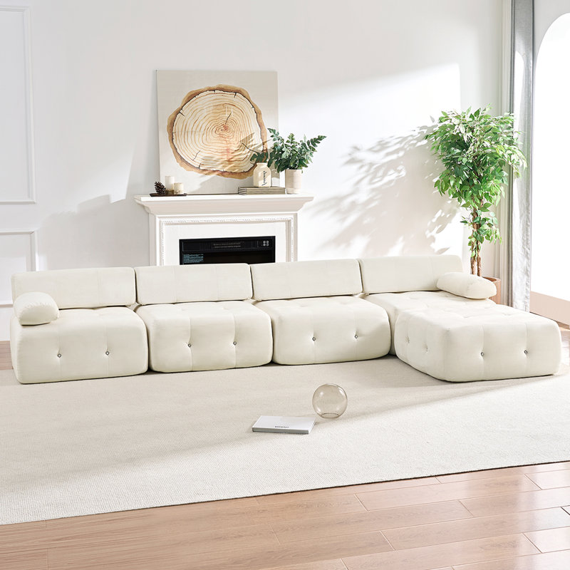 Canapé modulaire en velours en L Boneless de 134 po avec assemblage zéro, Velours beige