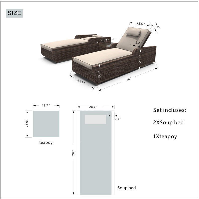 Chaise longue d'extérieur en osier brun avec roulettes, dossier réglable et coussins résistants à l'eau, structure en aluminium résistant à la rouille