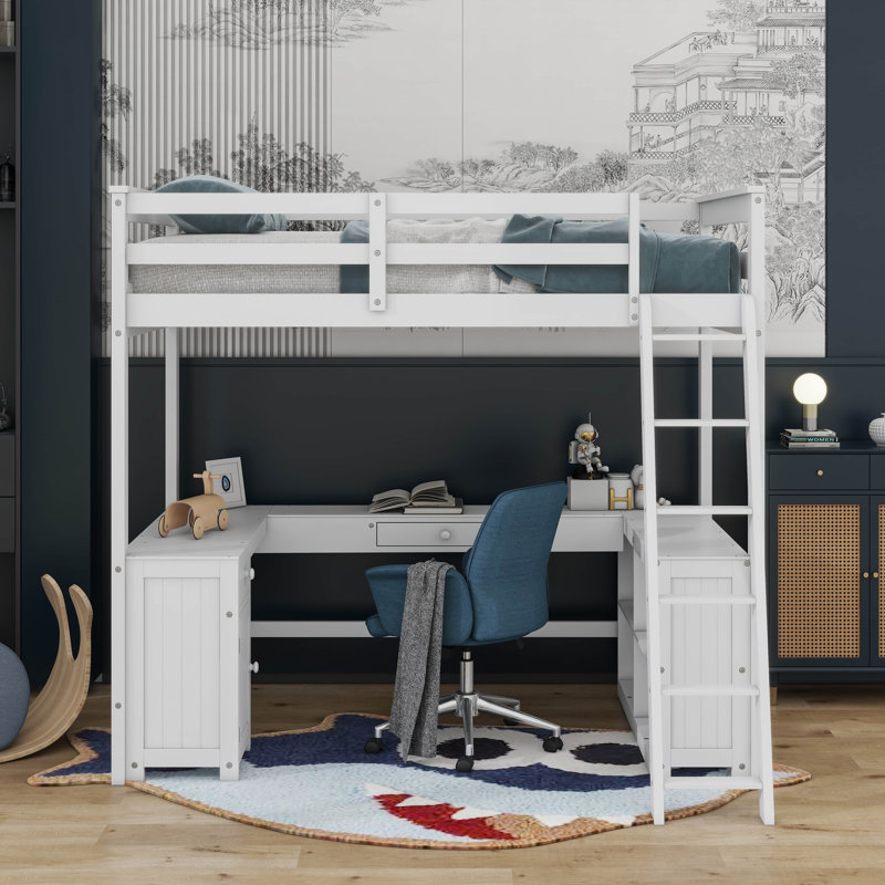 Lit mezzanine double avec bureau en U, tiroirs et tablettes, Blanc