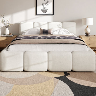 Upholstered Platform Bed Frame, Boucle Fabric Headboard & Footboard, Block Style Grounded Design, No Box Spring Needed, Modern Bedroom Centerpiece (White)