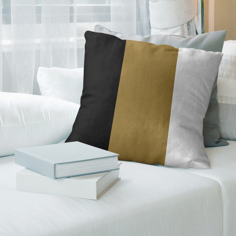 Leather/Suede Reversible Throw Pillow, 14" x 14", Black/Gold/White