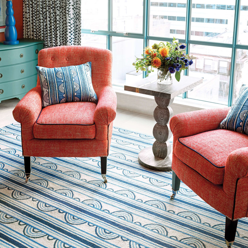 Button Blue Hand Micro Hooked Wool Rug, Rectangle 7'6" x 9'6"