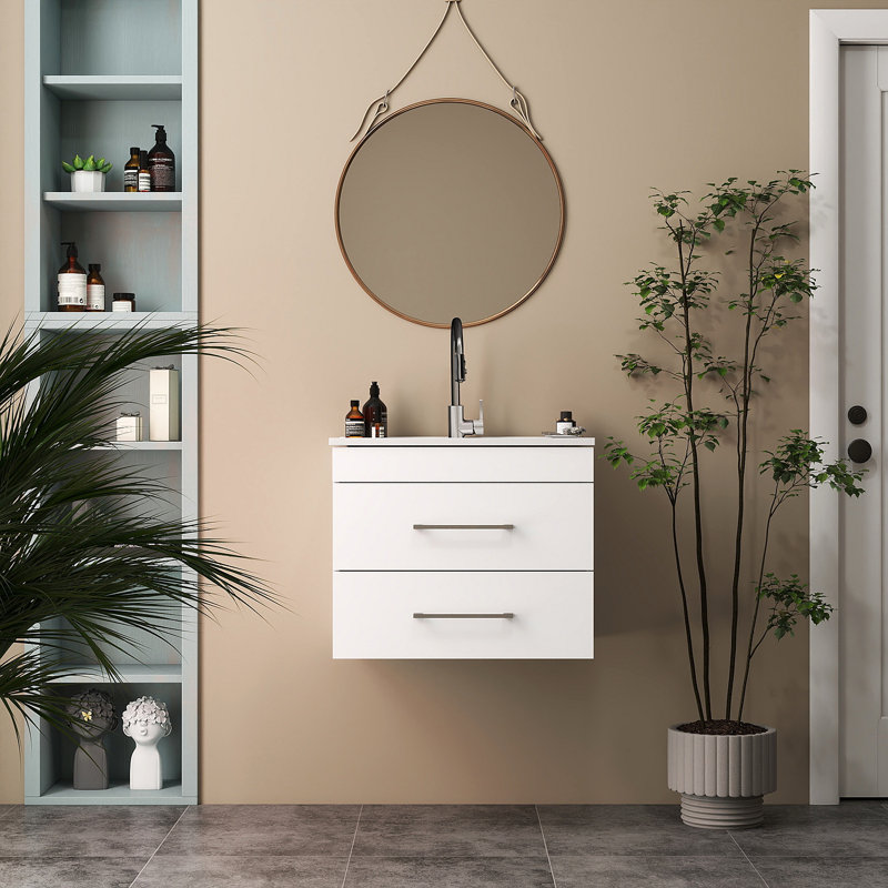 Meuble-lavabo mural en bois avec tiroirs doubles, système de fermeture en douceur, lavabo en céramique - créez un espace de salle de bain moderne et minimaliste!