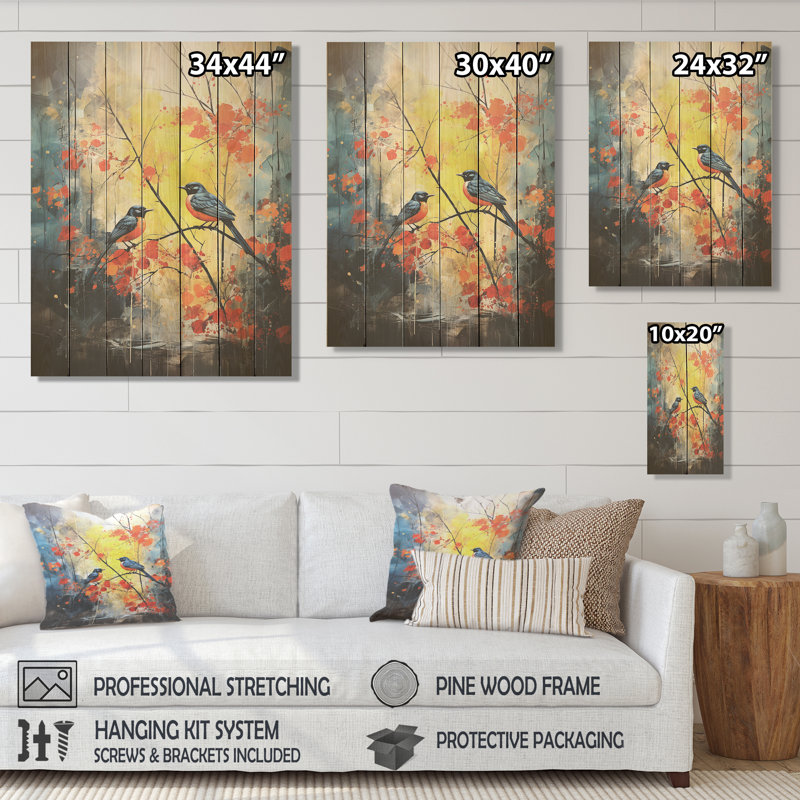 Forêt bleue et jaune avec merlebleu de l'Est - Oiseau sur bois, H 44 po x l 34 po