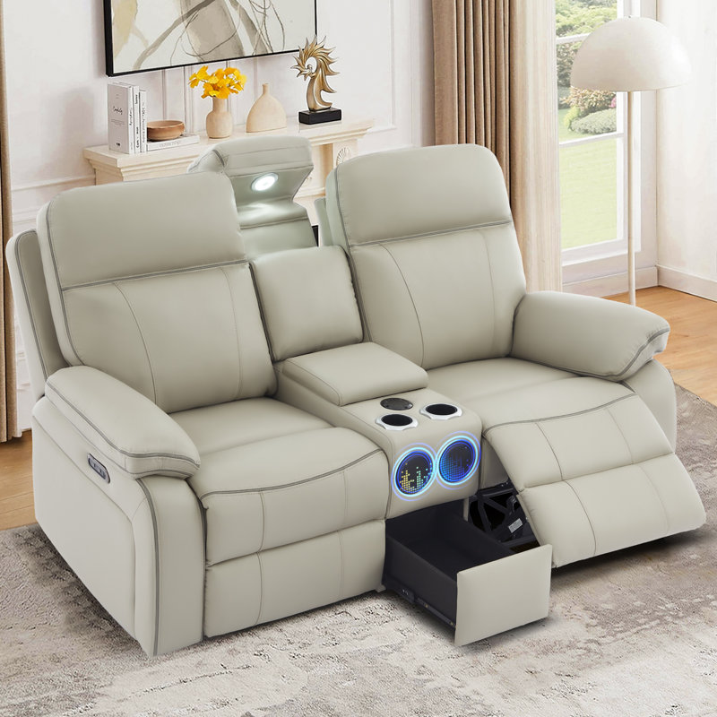 70" Faux Leather Power Reclining Loveseat with USB, Type-C, AC outlets, Audio & Storage Console for Living Room - Gray/Black