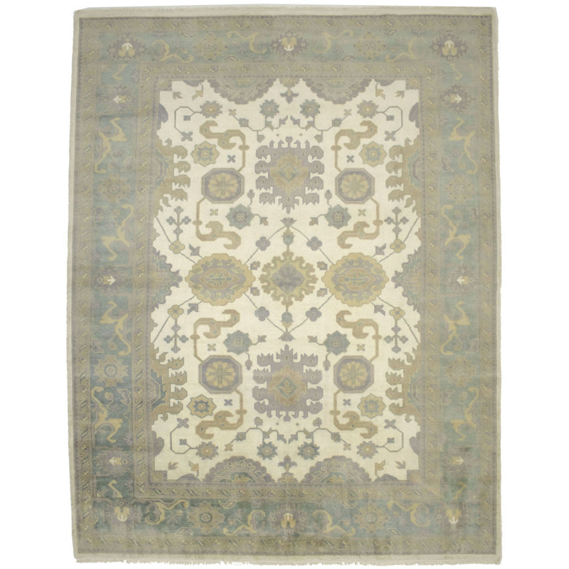 Tapis floral crème en laine noué à la main Floral
