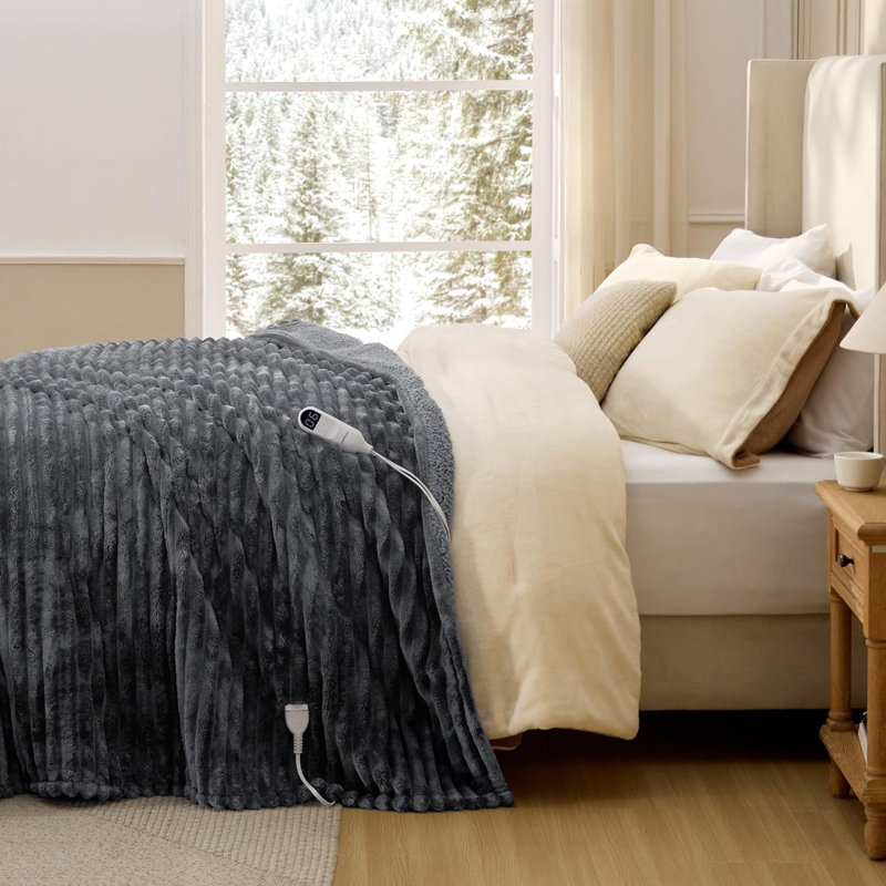 Heated Blanket Electric - Thick Striped Flannel Electric Blanket, Heating with 4 Time Settings, 6 Heat Settings, and 3-Hour Timer Auto Shut Off