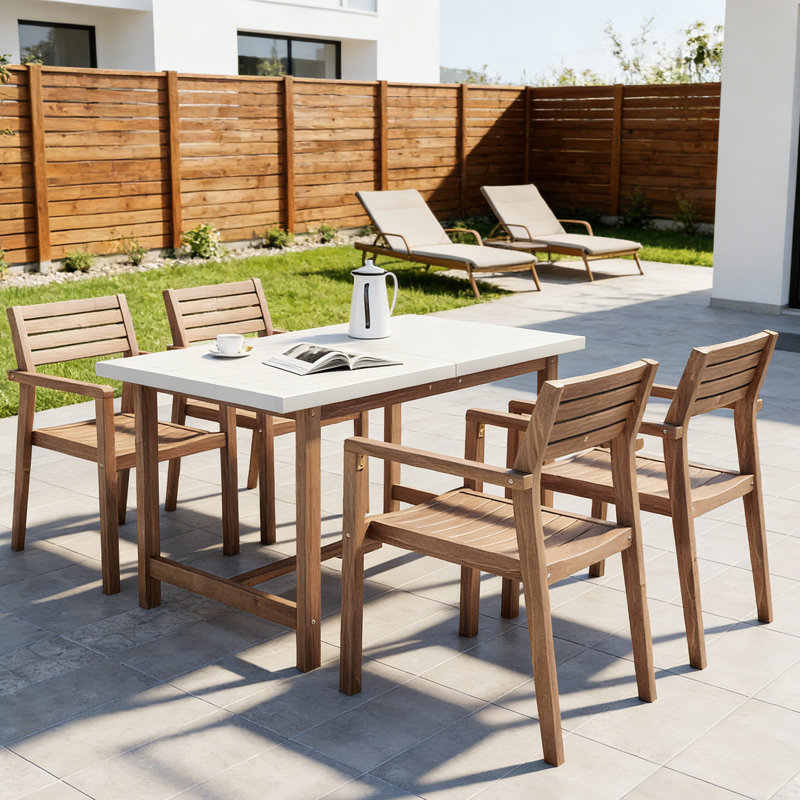 Ensemble de salle à manger 5 pièces en bois d'acacia avec trou pour parasol et 4 chaises ergonomiques, Gris