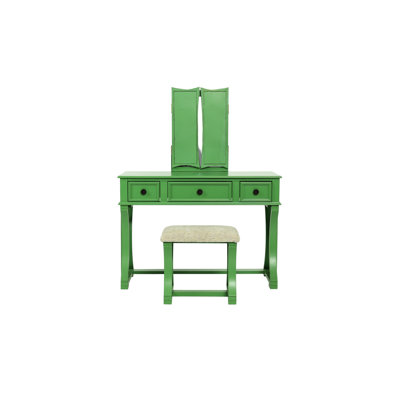 Bedroom Vanity W/ Stool, Apple Shade, Foldable Mirror, , Rustic Wood Vanity, 3 Functional Drawers,
