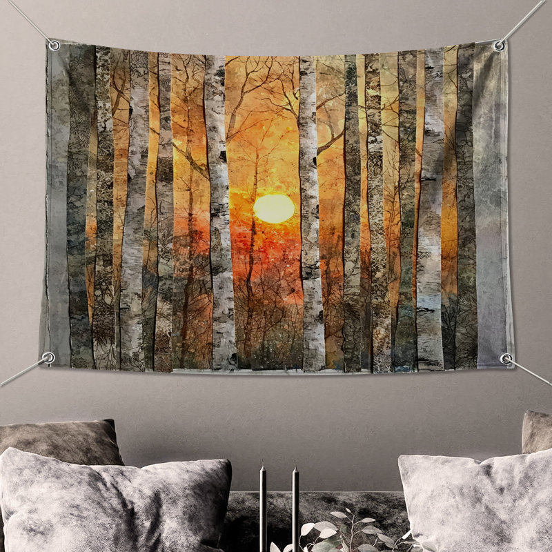 Birch Trees Sunset Wall Tapestry - Sunset Wall Decor, 68in H x80in W with 4 Grommets