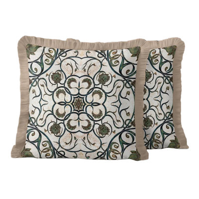 Antique Floral Detailed Green Cream Tasselled Cushion Cover,Set of 2