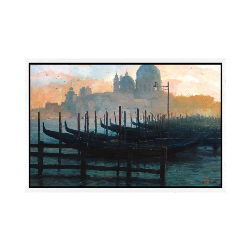 Venice, Italy - Sunset Gondolas II by Christopher Clark - Floater Frame Print on Canvas, White Framed Canvas