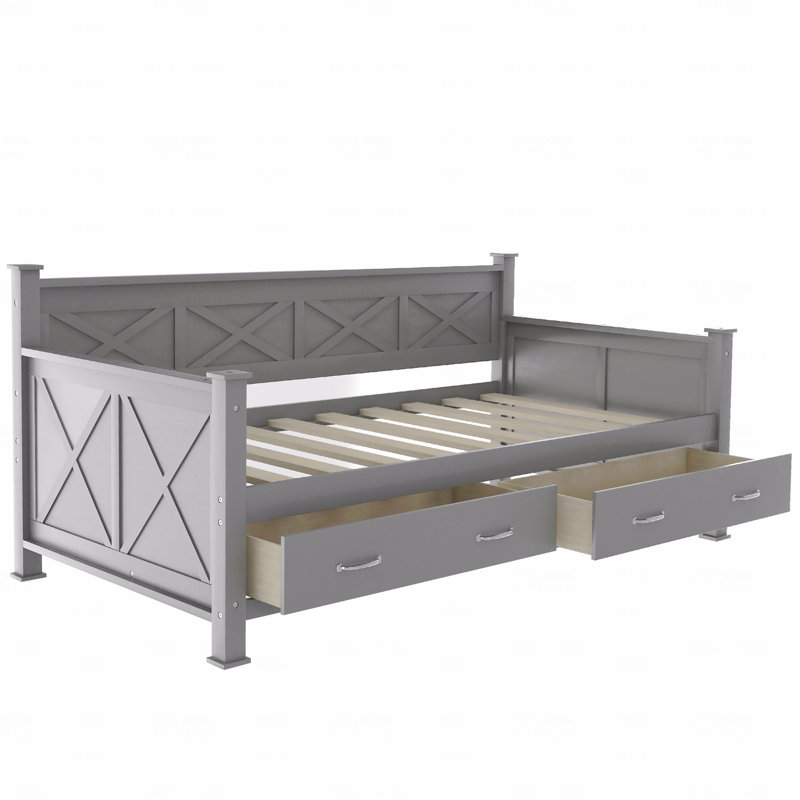 Lit de jour simple, avec 2 grands tiroirs, structure en forme de X, Gris