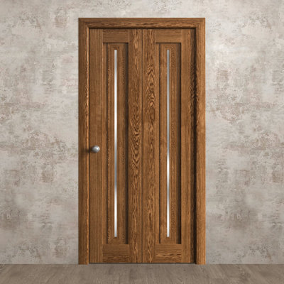 Sliding Closet Bi-fold Doors 36 x 80 inches Ego 5014 Cognac Oak Sturdy Tracks Moldings Trims Hardware Set Wood Solid Bedroom Wardrobe Doors