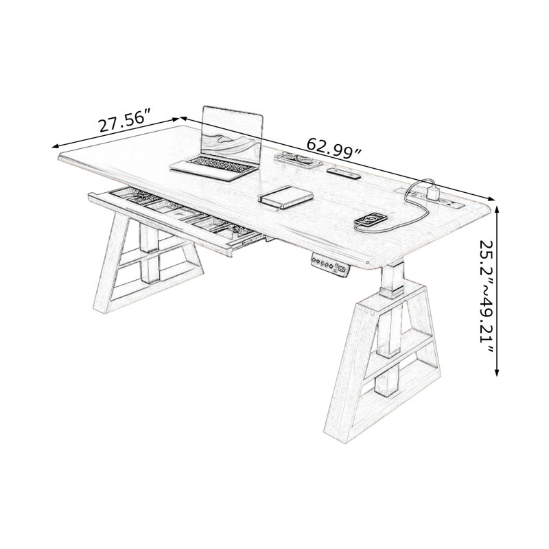 Nut-brown + Black Rectangular Hight adjustable Solid Wood + Steel with 1 drawers desk, 49.21" H x 62.99" W x 27.56" D