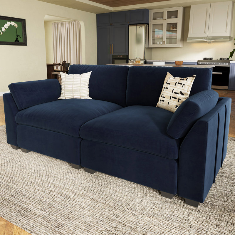 Velvet & Wide Short Plush 2-Seat Sofa With Removable Cushions And Detachable Cover, Blue Velvet
