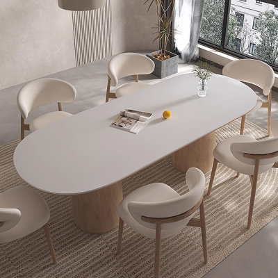 Cream Solid Wood & Stone Slab Oval Dining Table Rectangular with Solid Wood Base Dining Table