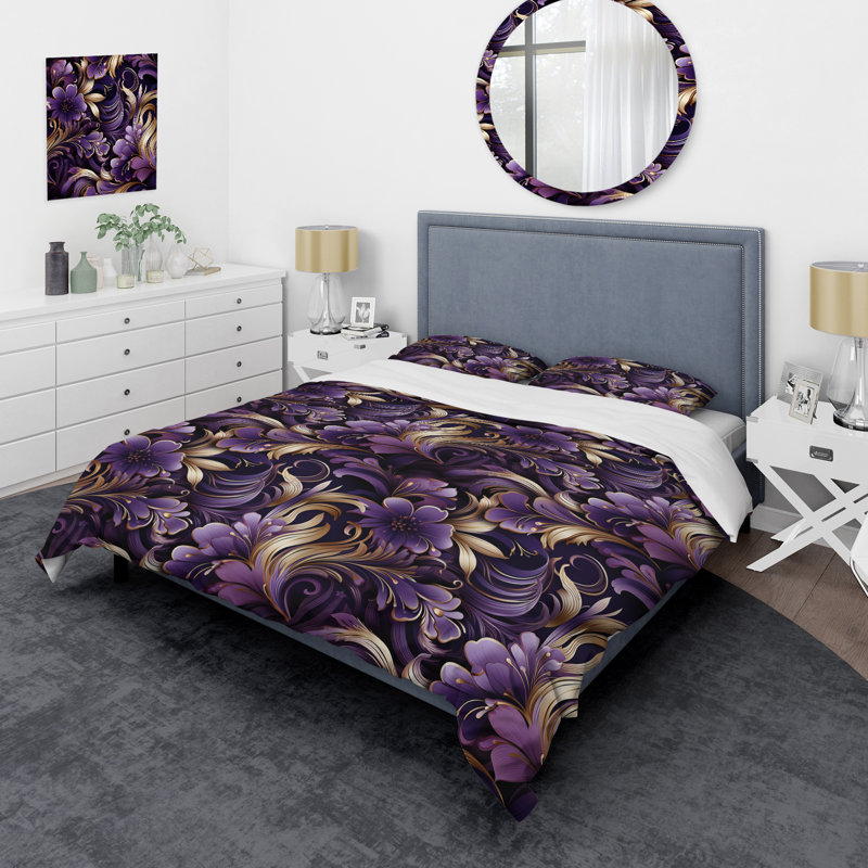 Glamorous Gold And Purple Damask Pattern - Ensemble de housse de couette en marbre