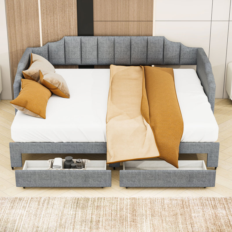 Twin XL Size Extendable Upholstered Daybed with LED Light and Storage Drawers, Gray