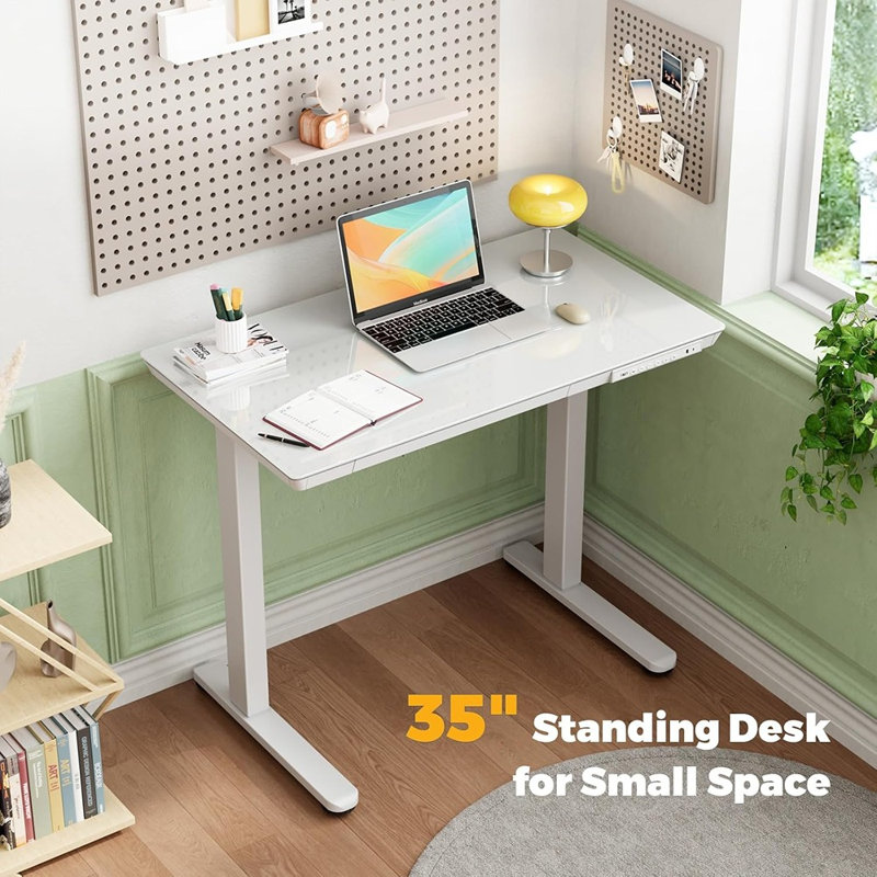 Petit bureau debout en verre avec tiroir, bureau assis-debout électrique à hauteur réglable, blanc