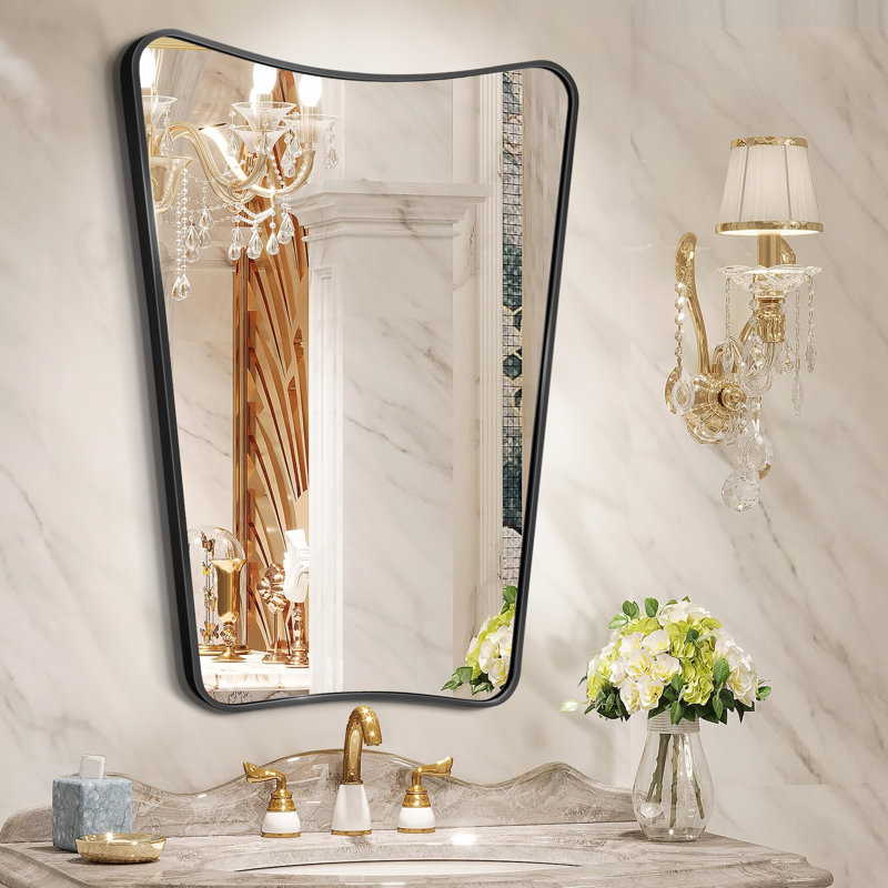 Rectangle Scalloped Metal Flat Wall Mirror, Black, 30" x 22"