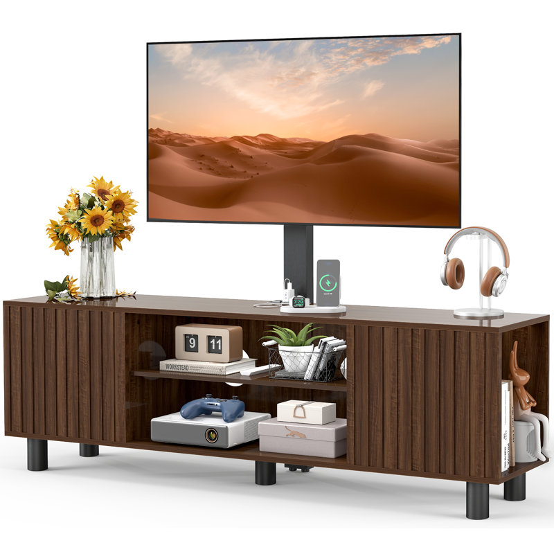 Fluted TV Stand with Swivel Mount & Power Outlet for TVs up to 65", Height Adjustable, Walnut