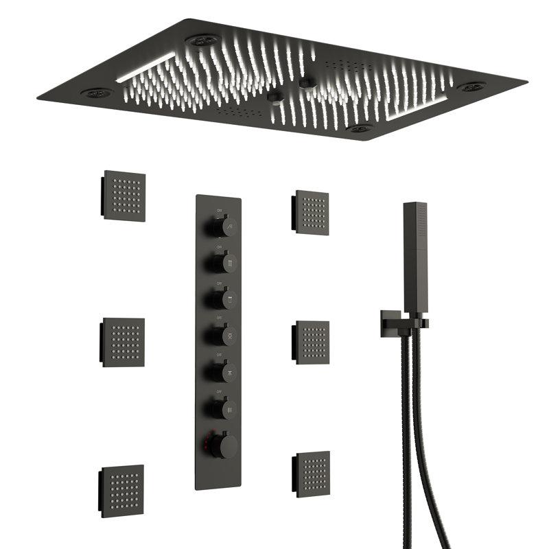 Thermostatic LED Shower System, High-Pressure Rain Shower Head with Body Jet, Matte Black