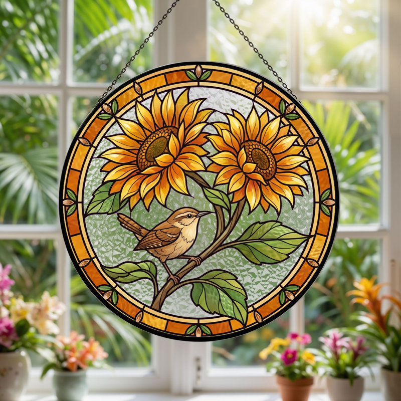 Panneau de vitrail Sunflower Bird, H 7,8 po