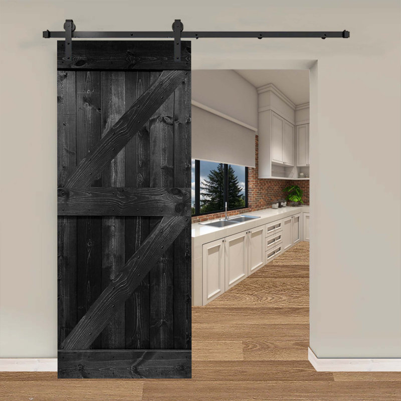 Porte de grange coulissante en bois de pin avec trousse de quincaillerie d'installation, Ébène, 34 po x 84 po