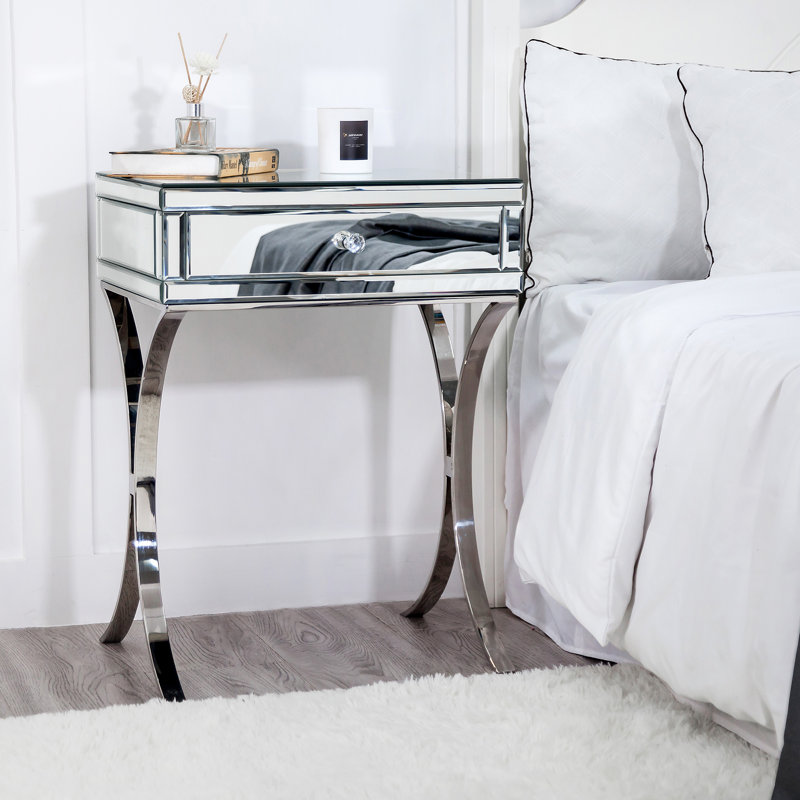 Toby 27" Tall Mirrored Nightstand 1-Drawer Metal Cross-legs