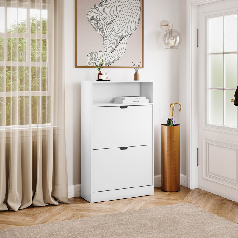 2 Drawer Shoe Cabinet with Open Shelf Modern Storage Furniture for Hallway Living Room Bedroom, White