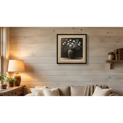 Fleur blanche dans un pot en métal rustique sur toile, format 24 x 24, pour toile de collection d'art avec texture douce, cadre en bois tendu, intérieurs minimalistes appropriés