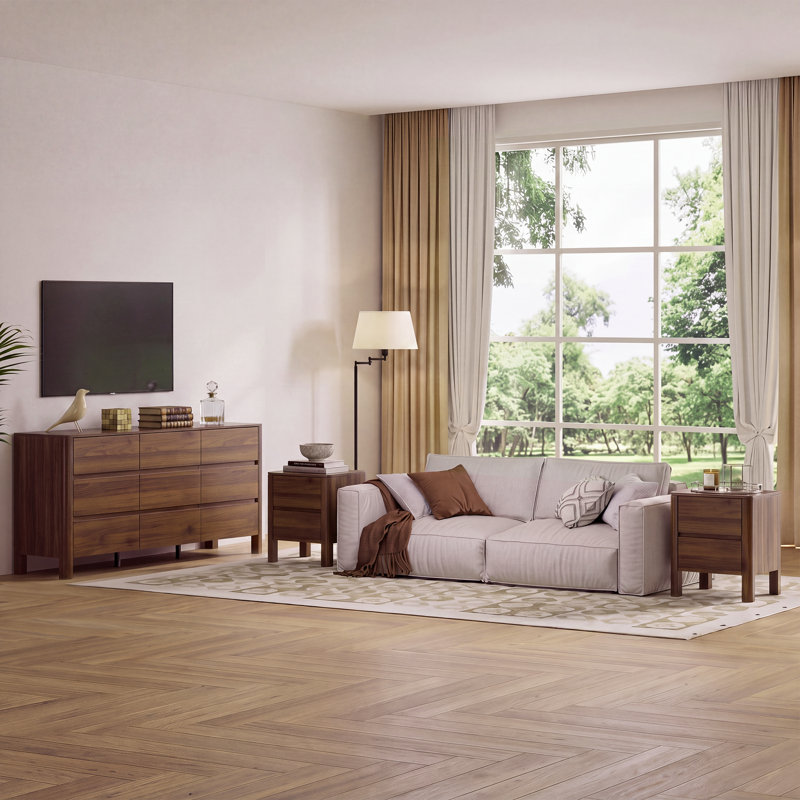 Ensemble de chambre à coucher 3 pièces, commode à 9 tiroirs et 2 tables de chevet, noyer