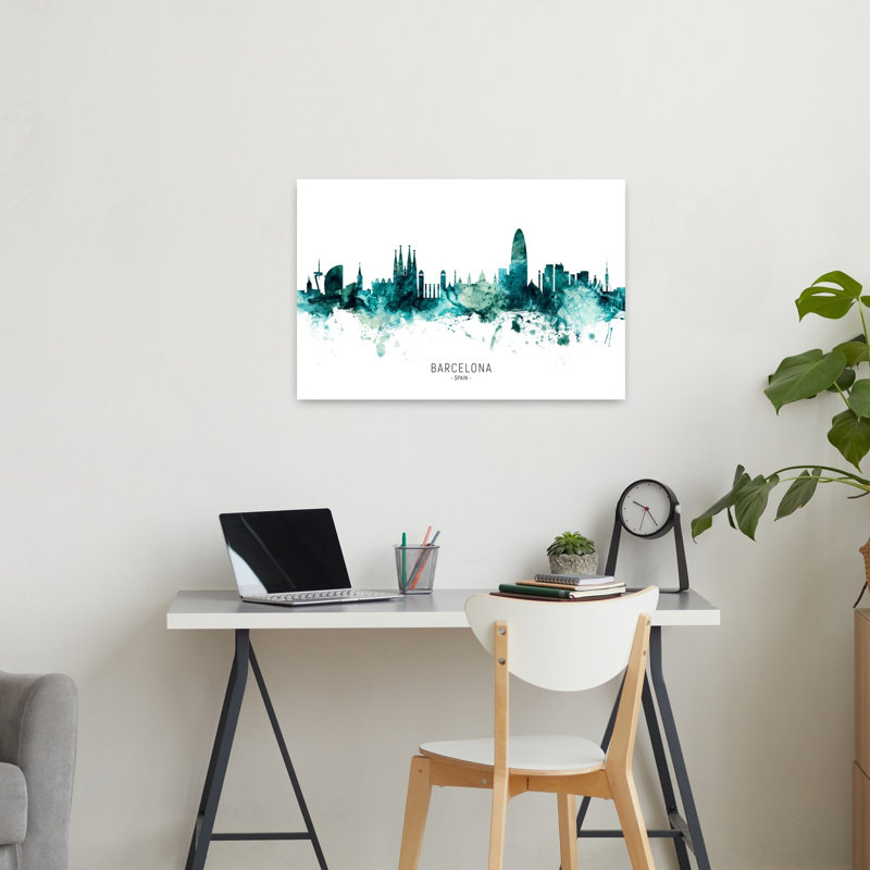 Barcelona Aqua Silhouette Abstract Modern Architecture City Wall Art Print by Michael Tompsett - 1 Piece Wrapped Canvas Wall Art