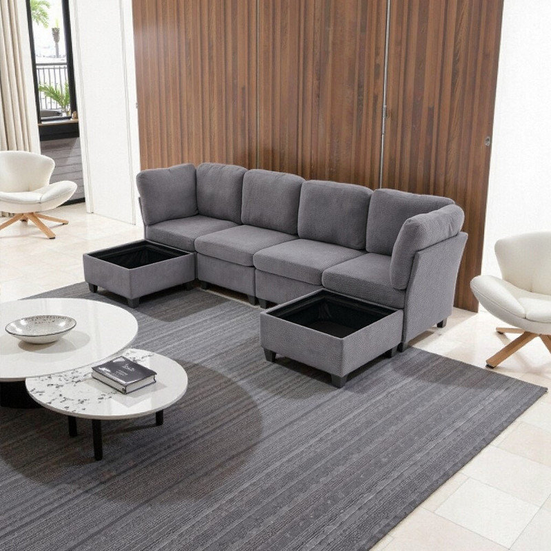 Canapé-lit modulaire 6 pièces avec rangement, canapé-lit convertible avec méridienne, Gris
