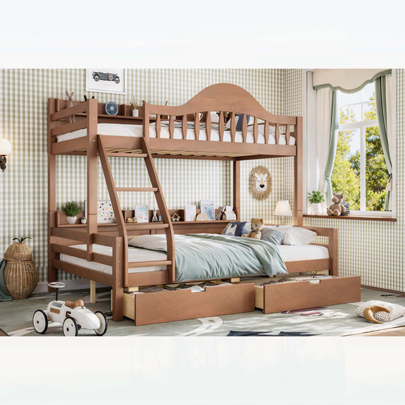 Lit simple superposé au dessus d'un lit double avec rangement, garde-corps courbés et tablettes latérales, structure en bois massif, aucun sommier nécessaire, naturel profond