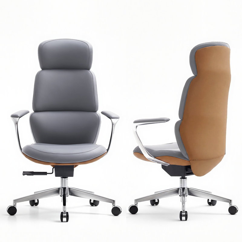 Genuine Leather Executive Chair, Swivel Ergonomic Office Chair, Home Desk Chair with Tilt Reclining, Alu, Gray