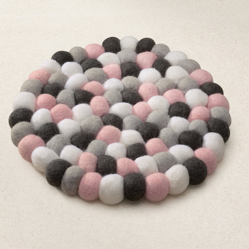 MODWOOL 8" Hand-Knit Wool Round Trivet (Pink & Neutrals), White/Grey/Pink