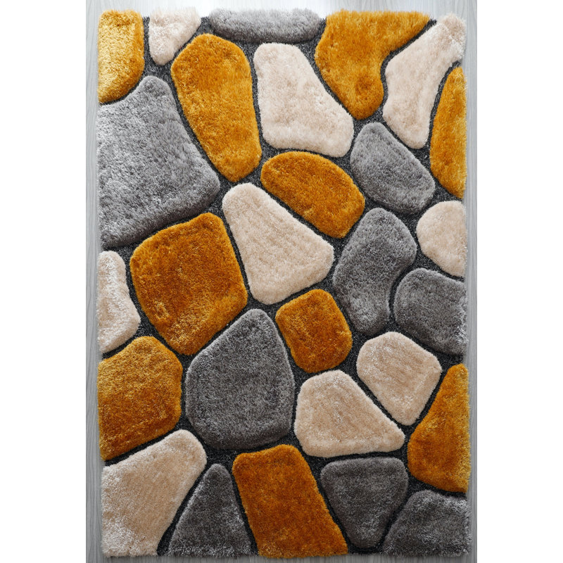 Thionville Abstract Plush Mustard/Gray/Beige Area Rug, Rectangle 5' x 7'