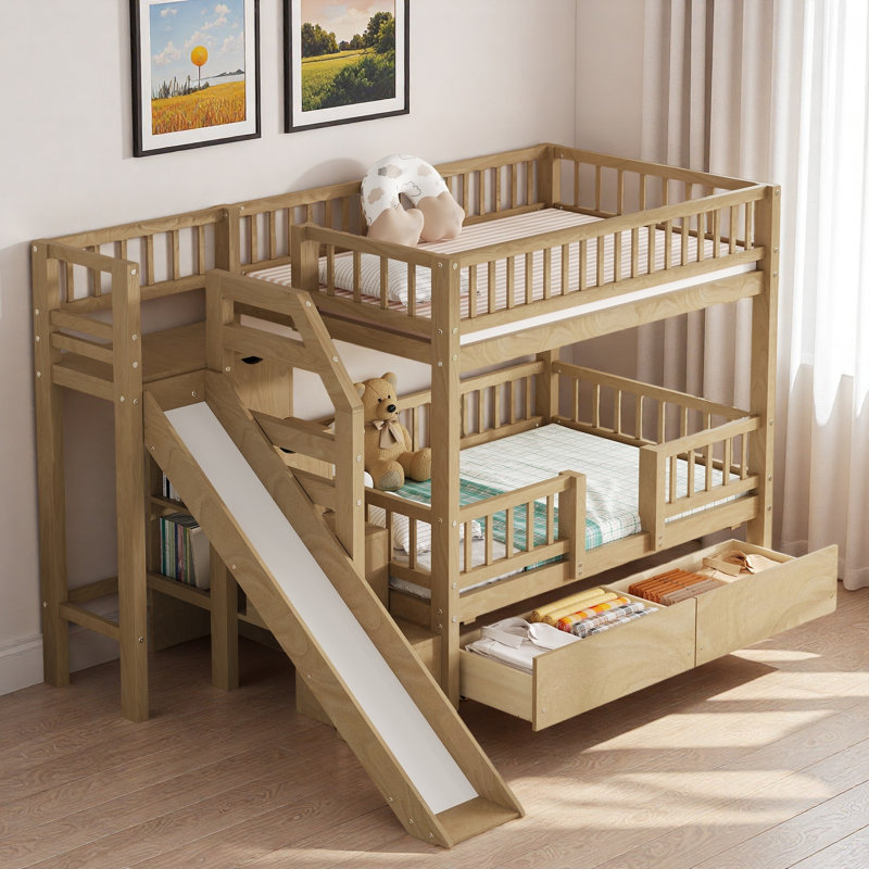 Lit superposé avec escalier de rangement, glissade et 2 tiroirs, Noyer
