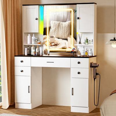 Maquillage avec 16 lumières RVB, grand bureau de meuble-lavabo avec miroir à écran tactile et prise de courant, 4 armoires et 5 tiroirs pour la chambre à coucher