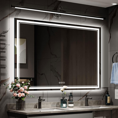 Miroir de salle de bain anti-buée en verre trempé à DEL, 3 températures de couleur avec façade et rétroéclairage, conforme Rohs et CRU
