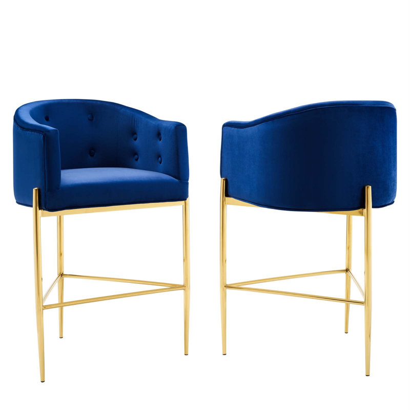 Savour Tufted Performance Velvet Counter Stool, Bar Stool (29” Seat Height), Navy
