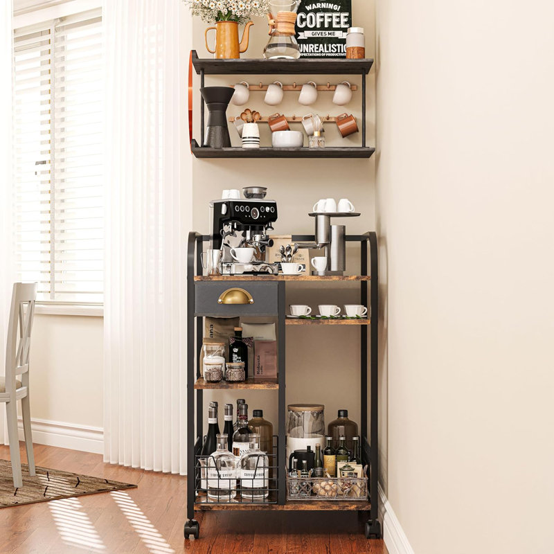 Mobile Coffee Cart With Adjustable Shelves, Storage Drawer, And 360° Braked Wheels, Rustic Wood Coffee Bar Cabinet For Kitchen, Living Room, Or Dining Room