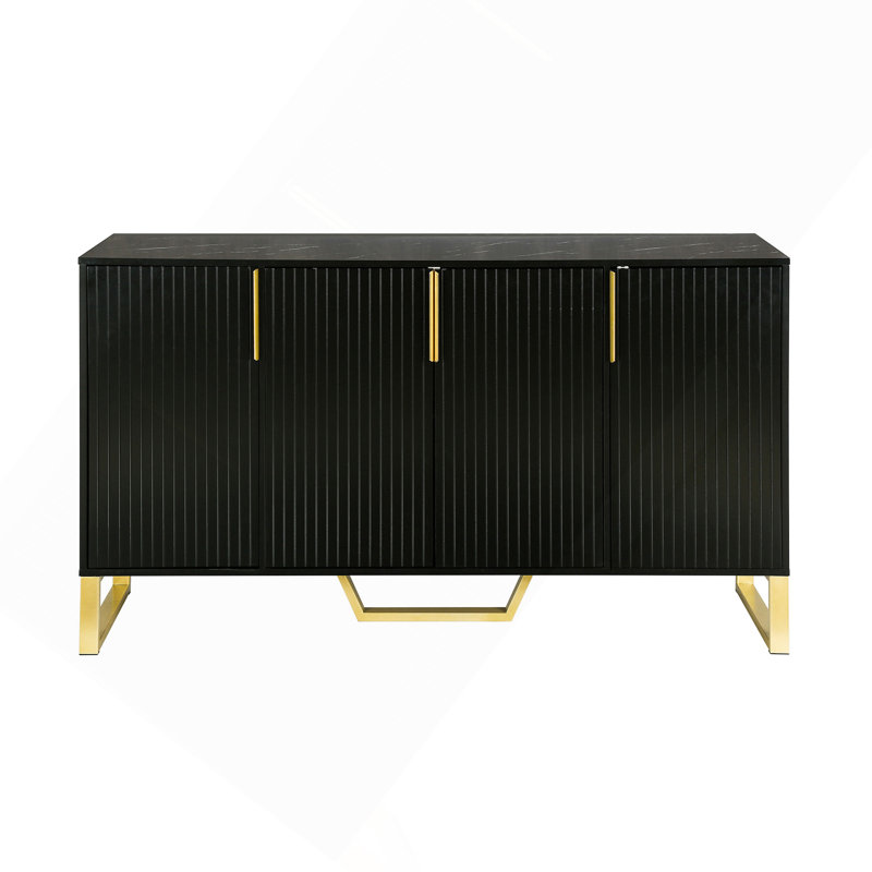 Sideboard Modern With Four Doors, Metal Handles & Legs And Adjustable Shelves Kitchen Cabinet (Black), Black