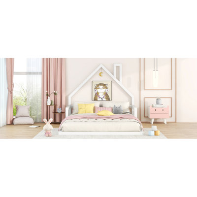 Full Size Wood Floor Bed With House-Shaped Headboard, White