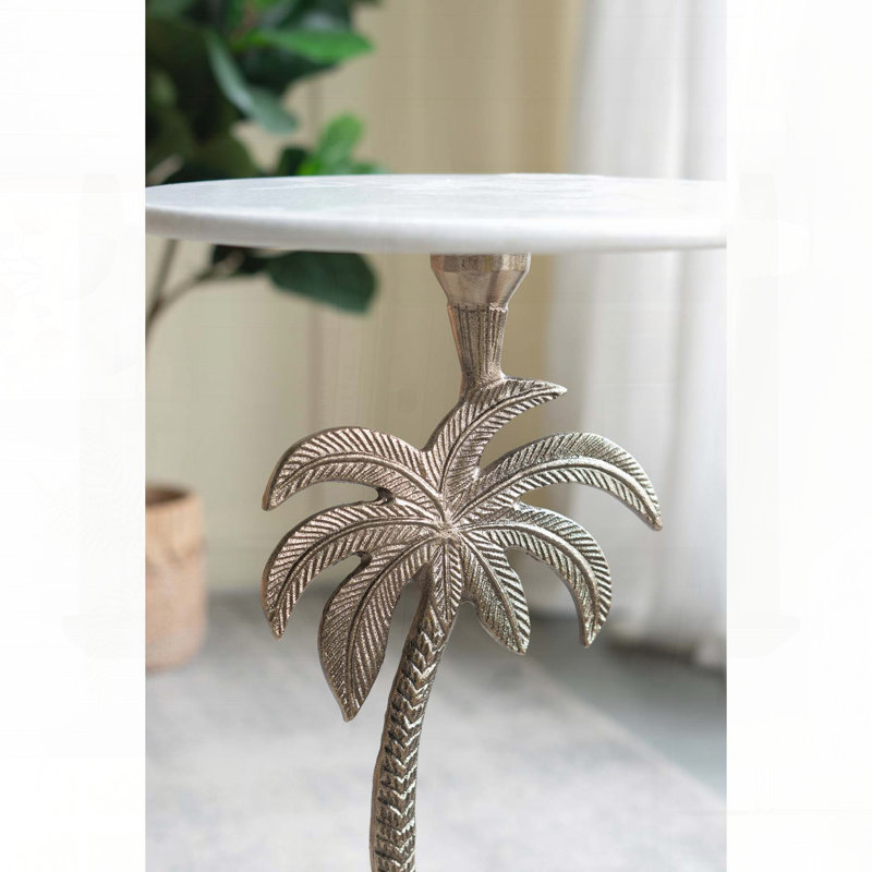 Table d'appoint ronde avec plateau en marbre blanc et palmier doré - 14 po x 14 po x 24 po