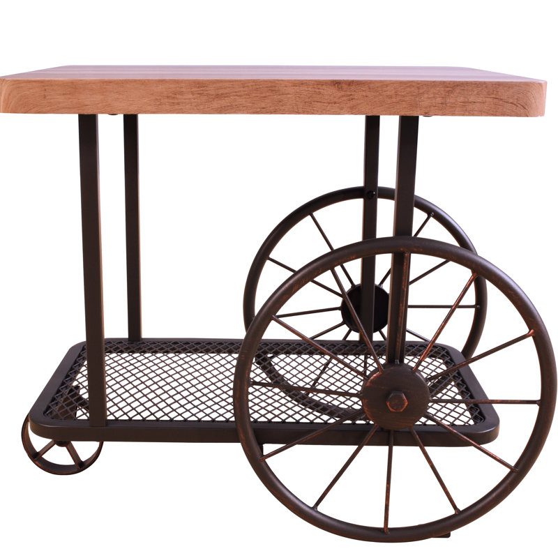 Table de bout rectangulaire industrielle avec plateau en chêne et gris antique, roulettes pour les activités artisanales