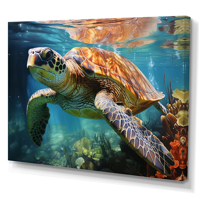 Tortue verte et bleue, animaux marins, art mural, H 24 po x l 32 po x P 1 po, Toile tendue