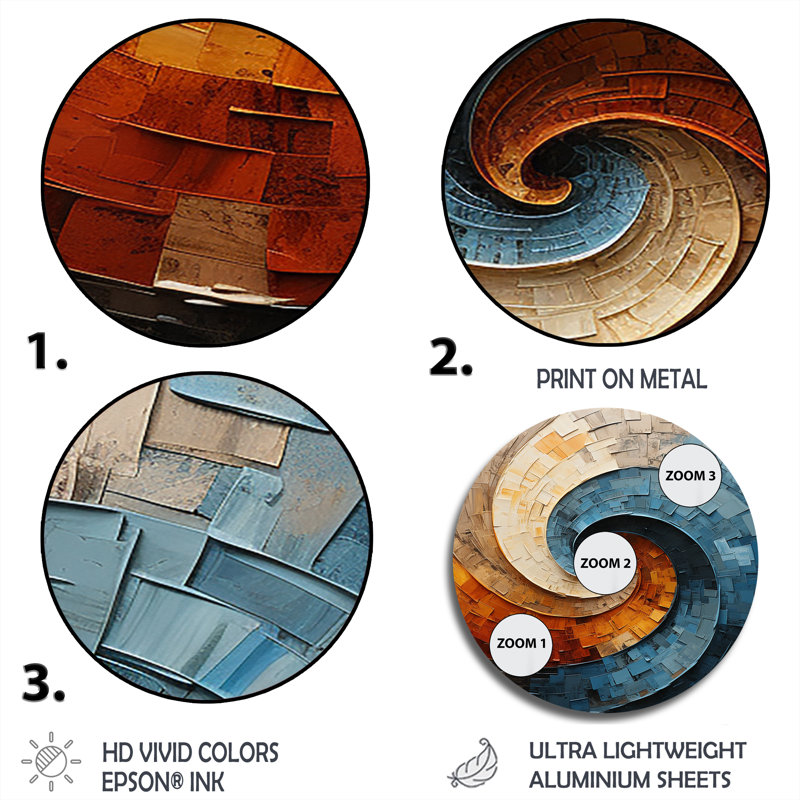 Blue and Orange Collaged Spiral - Abstract Round Print on Metal Art, Round Wall art Print (No Texture), 36" H x 36" W x 1" D